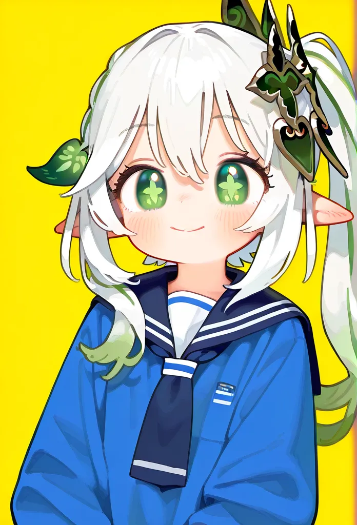   masterpiece, best quality, best quality，HD, 1 girl, alone, White hair,  green eyes，nahida， happy ，sailor suit