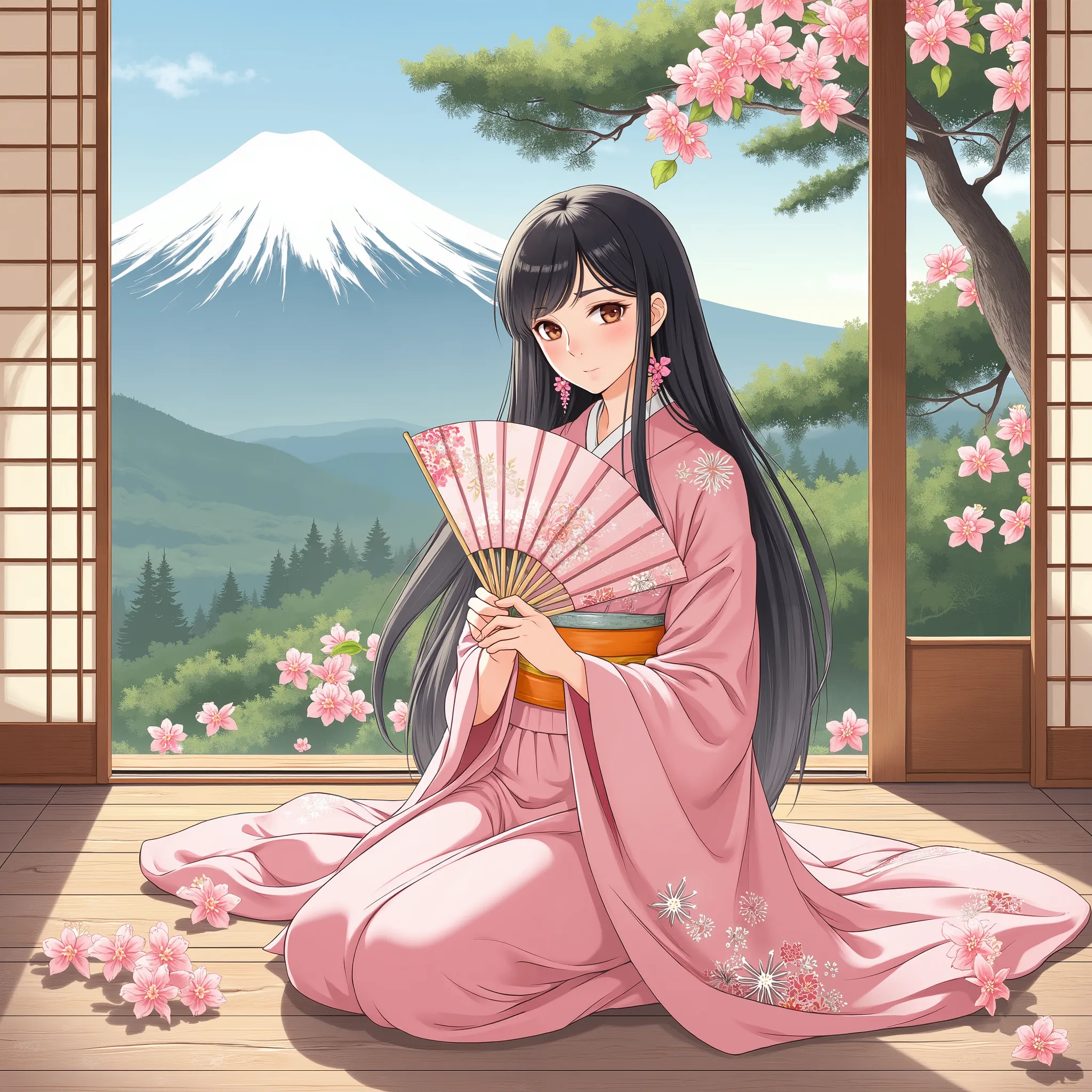 illustrations、anime、A beautiful fifteen-year-old woman is sitting、pink kimono、Japanese Women、Japanese-style room、pine tree、Mt. Fuji、 beautiful flowers 、floral fan、breasts are big、