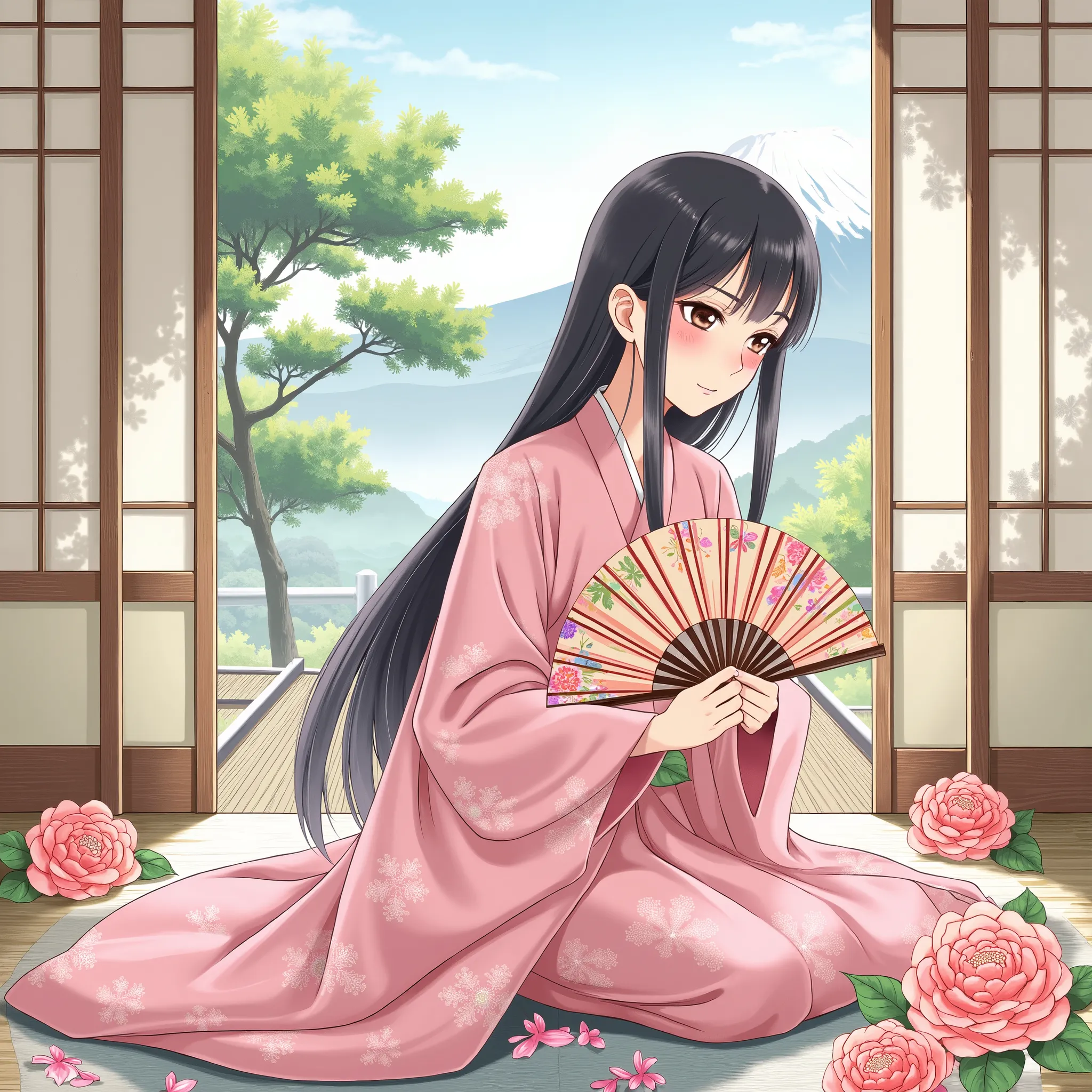illustrations、anime、A beautiful fifteen-year-old woman is sitting、pink kimono、Japanese Women、Japanese-style room、pine tree、Mt. Fuji、 beautiful flowers 、floral fan、breasts are big、