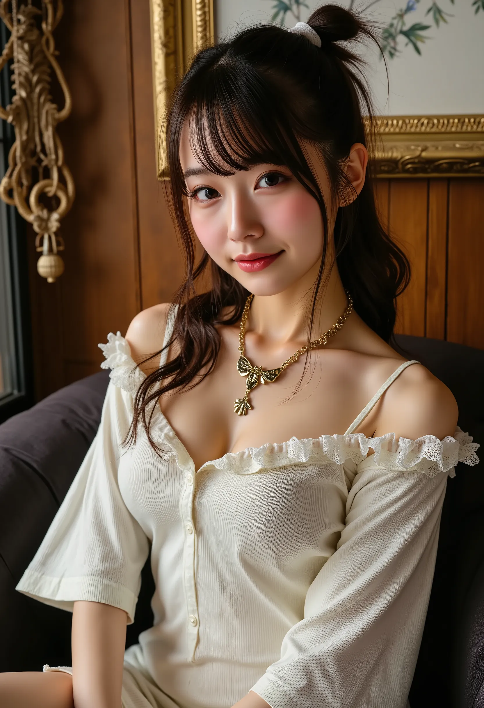 ((anatomically accurate human body structure)), ((Photorealistic:1.5)), (NSFW), Highest Quality, masterpiece, Ultra High Definition, realistic, absurd, ((Very sexy pose)), ((Whitish off-white long, tight knit dress)), (1 person), ((very sexy and seductive ...