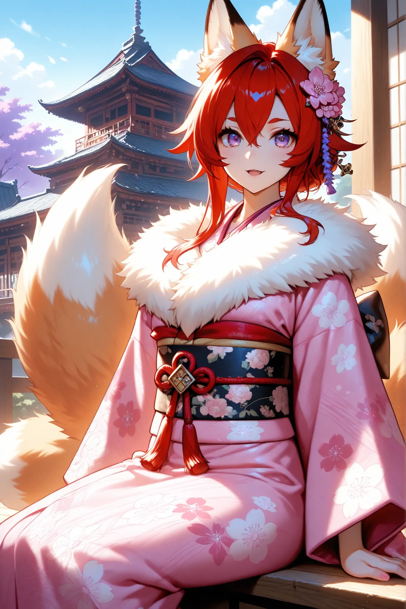 furrie, foxwoman, red hair, Japanese castle, wearing pink and lavender kimono