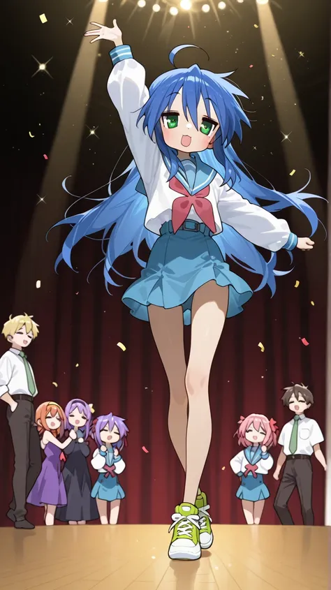 masterpiece、Highest Quality、high image quality 、newest 、Izumi Konata  、stupid hair、Hair that reaches your feet、Is playing the melancholy cosplay of Haruhi Suzumiya、sailor suit、sneakers、目をつぶったsmile、M-shaped mouth、  dynamic perspective、smile、Composition centered around a girl's face、she's looking at you、Full-body composition、stage、singing and dancing、Spotlight