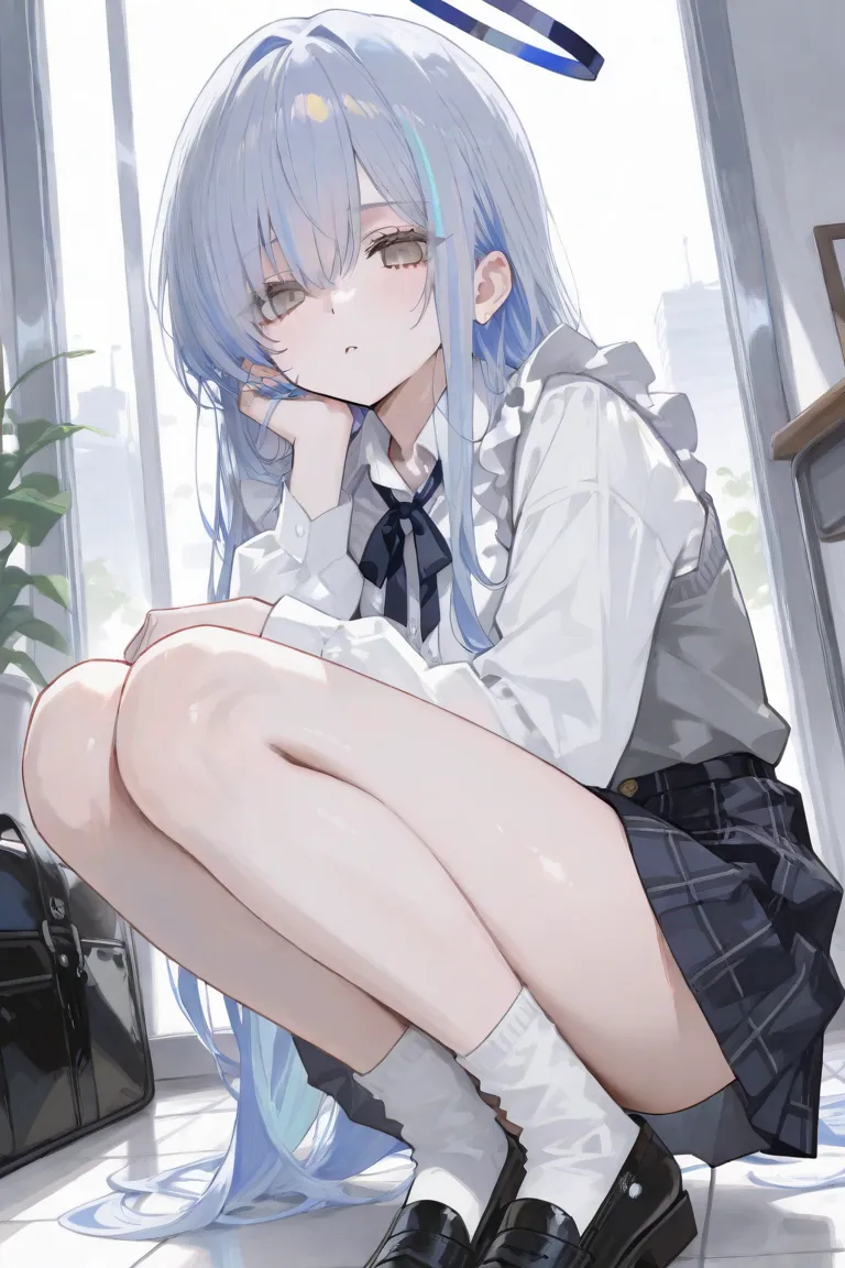Girl with long gray-blue hair，gray eyes，Squat