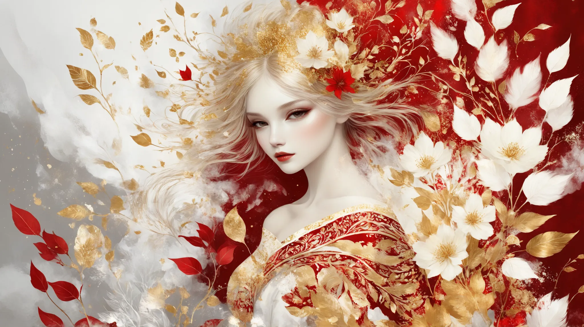 novuschroma style Fluffy magic full body girl fantasy illustration in Novuschroma style with color palette white patterns, red and gold