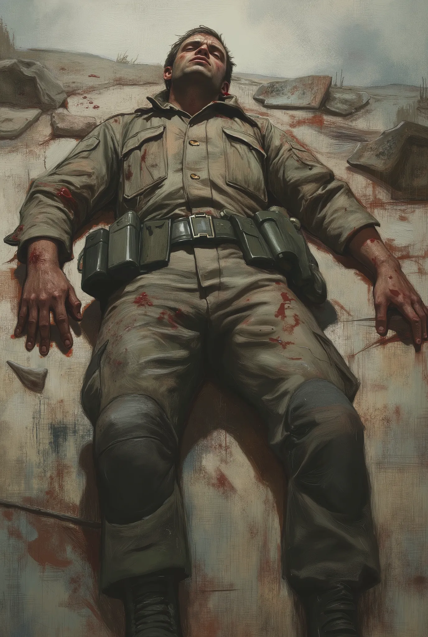 A soldier laying on the floor, bloody, war zone