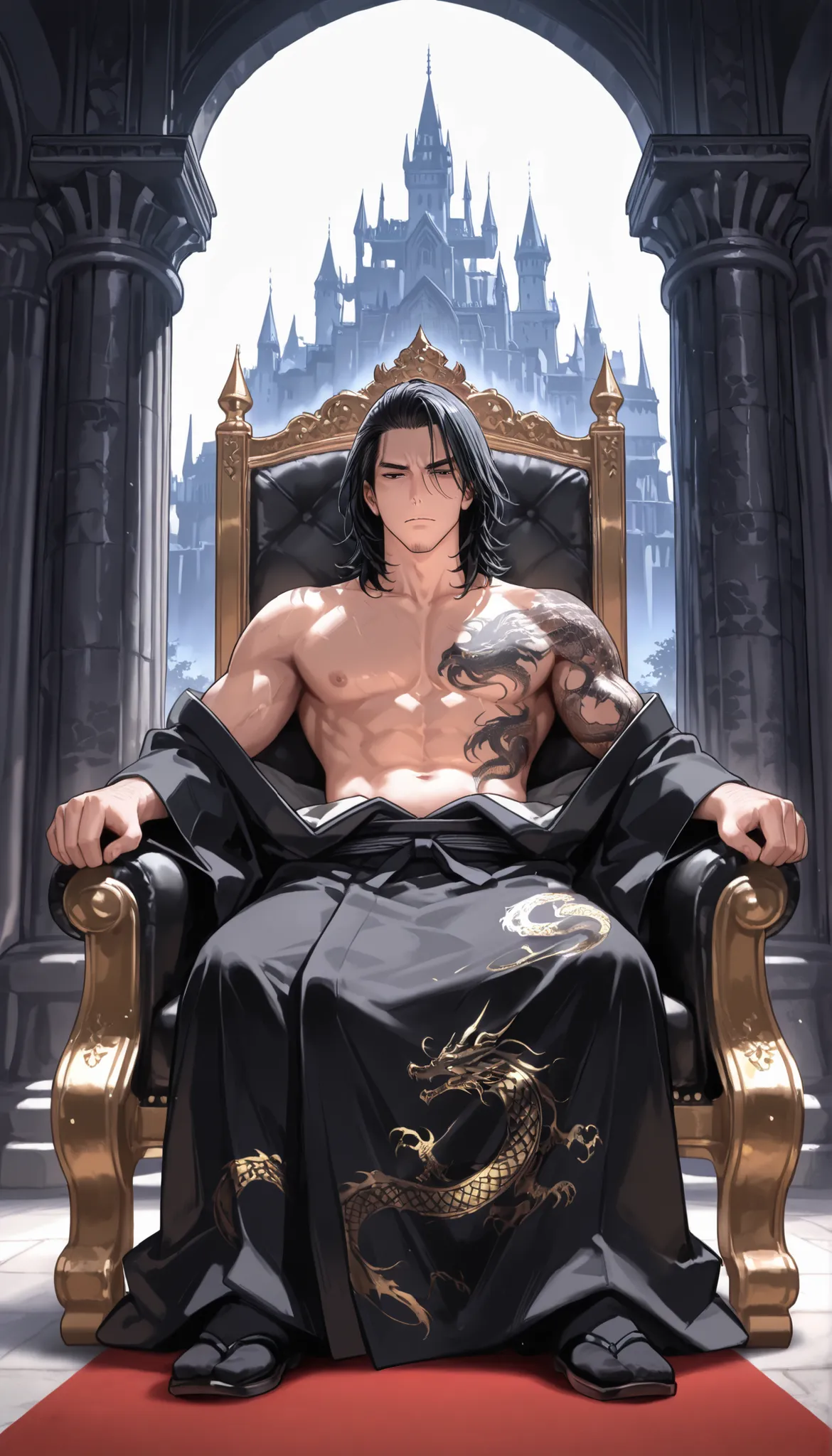 background, palace in a cave, yakuza boy, black kimono with dragon pattern, black hair, medium hair, topless, chest, handsome, dragon tattoo, sitting on royal chair, black chair, castle pillar, indoor, black castle,