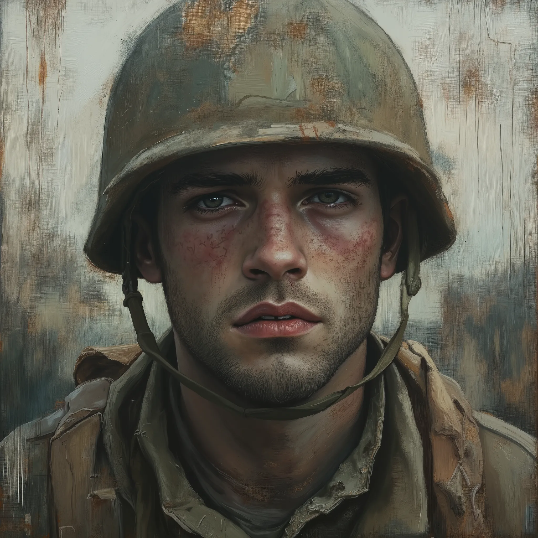 A soldier 1,000 yard stare, war zone (focus on face)zoned out look zoned out stare. Painting