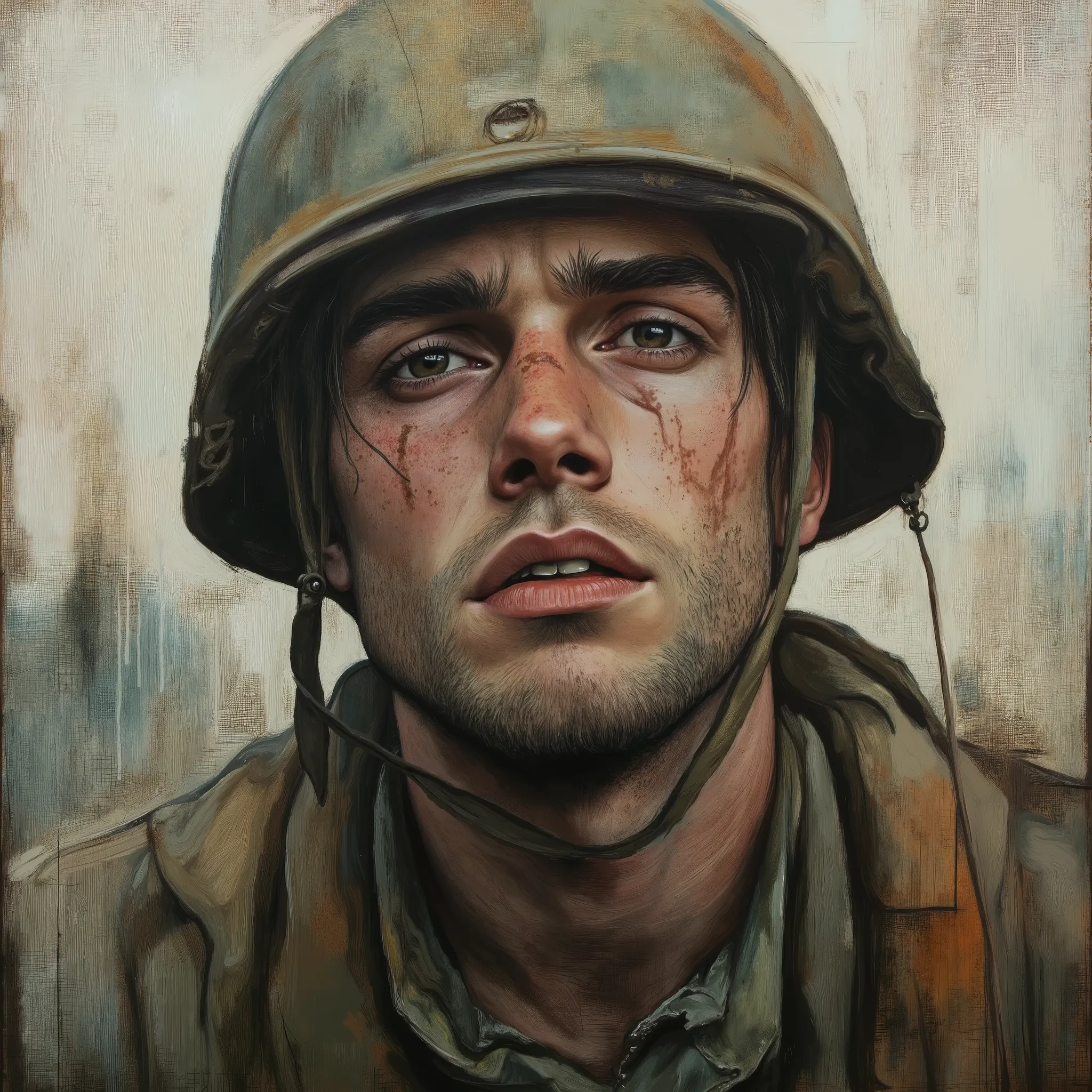 A soldier 1,000 yard stare, war zone (focus on face)zoned out look zoned out stare. Painting