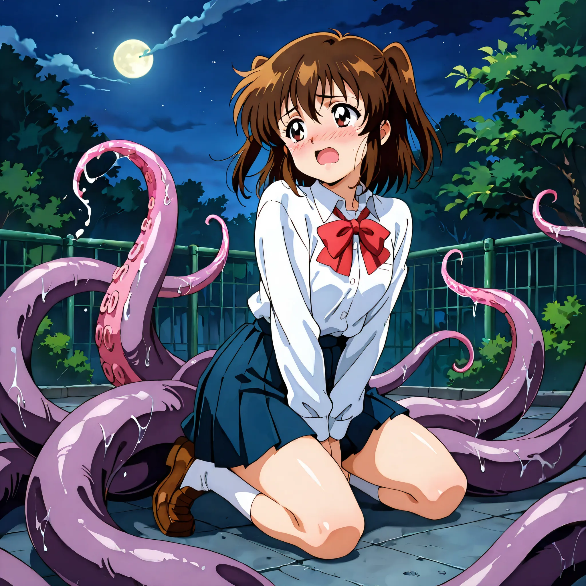kayo,dark brown eyes,dark brown hair,two side hair,shoulder-length short hair,white collared shirt,short red necktieribbon,navy blue short pleated skirt,white socks,loafers,whole body,full length,masterpiece,best quality,amazing quality,score_9, score_8_up...