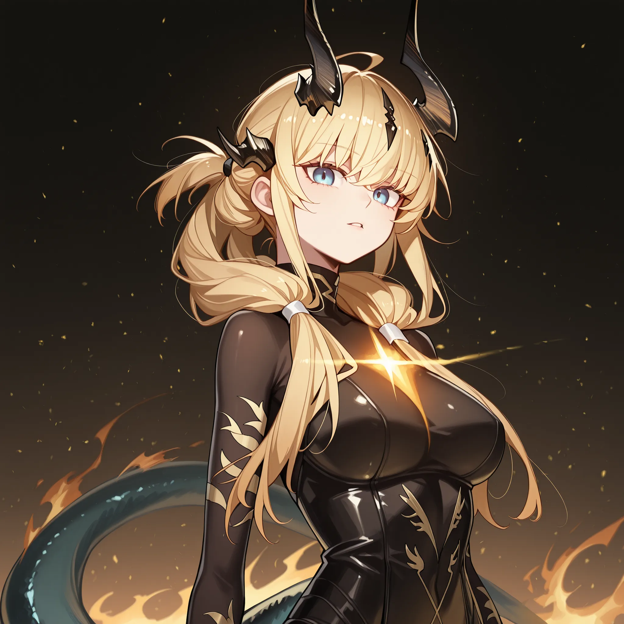 Solo, 1 girl, small and short body, petite character, short height character, short stature character, 1.50 meters tall character; 

Golden hair, the character's hairstyle must be the same as Reed, the Flame Shadow from "Arknights" (hair tied over the shou...