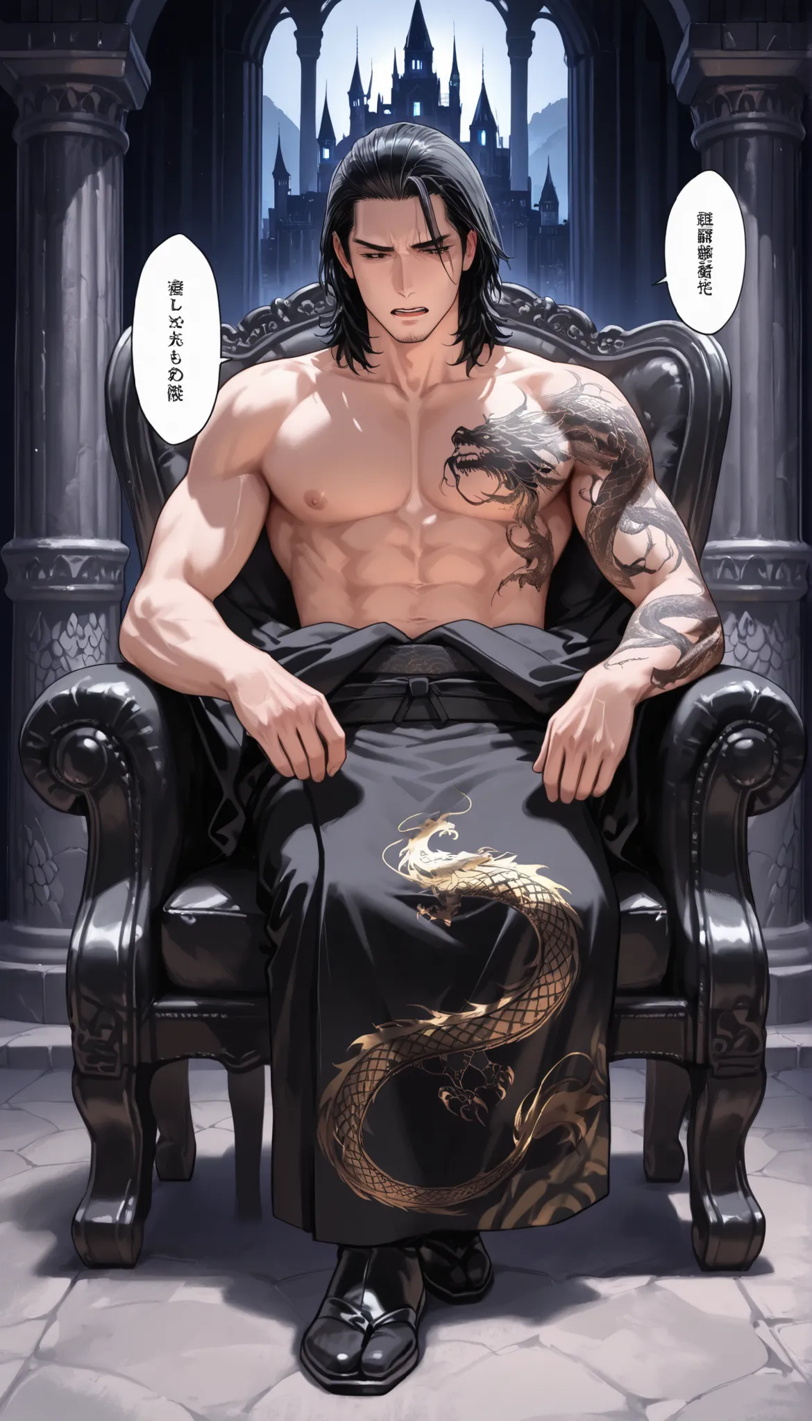 background, palace in a cave, yakuza boy, black kimono with dragon pattern, talking, black hair, medium hair, topless, chest, handsome, dragon tattoo, sitting on royal black chair, castle pillar, indoor, black castle,