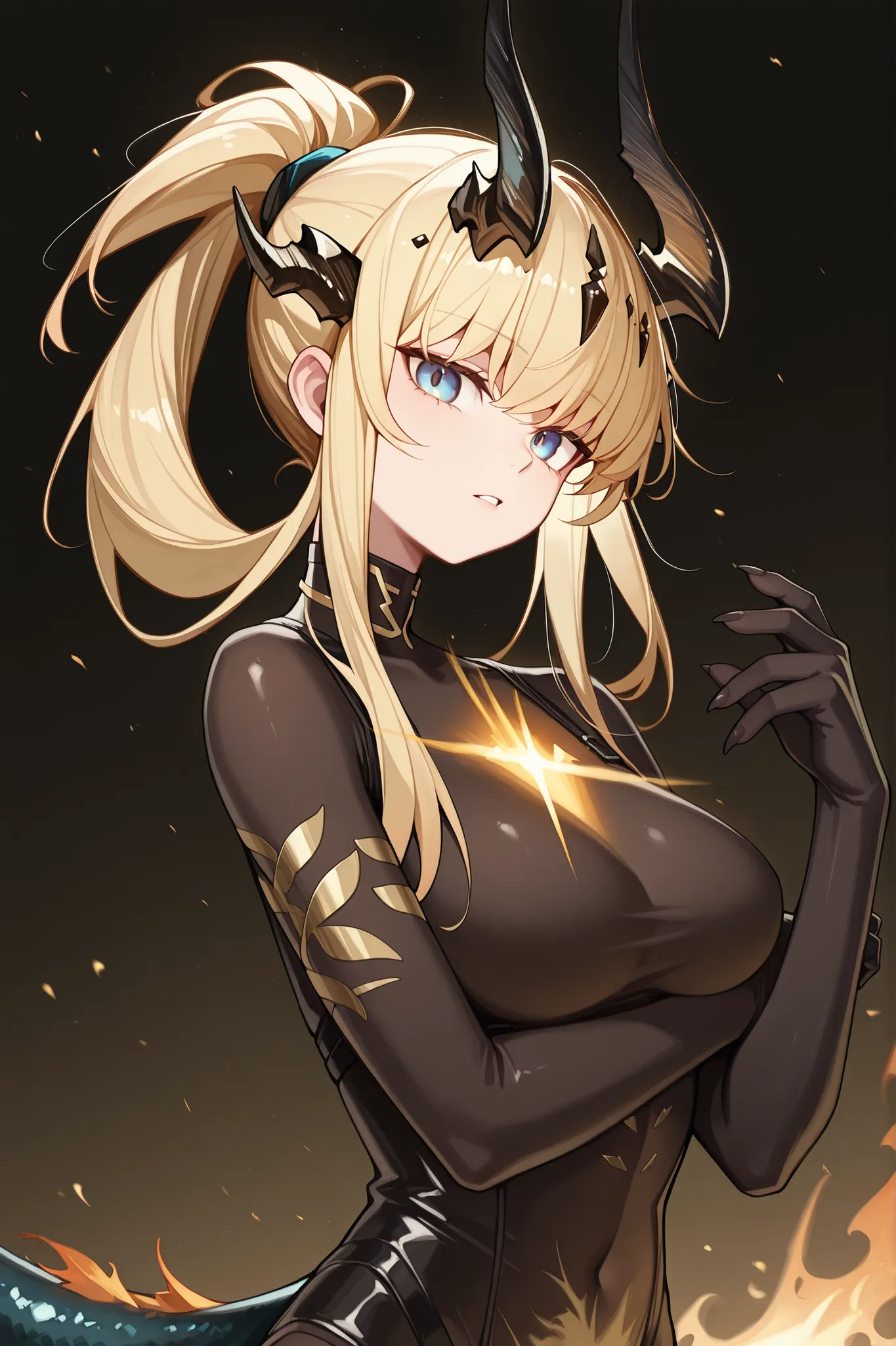 Solo, 1 girl, small and short body, petite character, short height character, short stature character, 1.50 meters tall character; 

Golden hair, the character's hairstyle must be the same as Reed, the Flame Shadow from "Arknights" (hair tied over the shou...