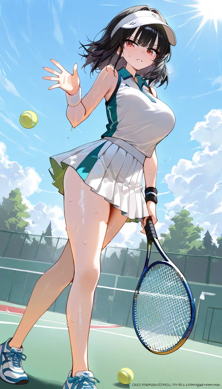 (beautiful girl : 1.3),1 girl,(tennis wear,pleated skirt,wristband,sneakers,sun visor in address),black hair,wave hair,anger, abusive,sweat,Waving Tennis Rackets, hits tennis ball,tennis court,active,Dynamic Angle,masterpiece,Highest Quality,rich contrasts,high image quality,8k,High Definition CG Unit Wallpaper,texture,unbelievably absurd, RAW photos ,Deep Boundaries 1 .2,very detailed from below si