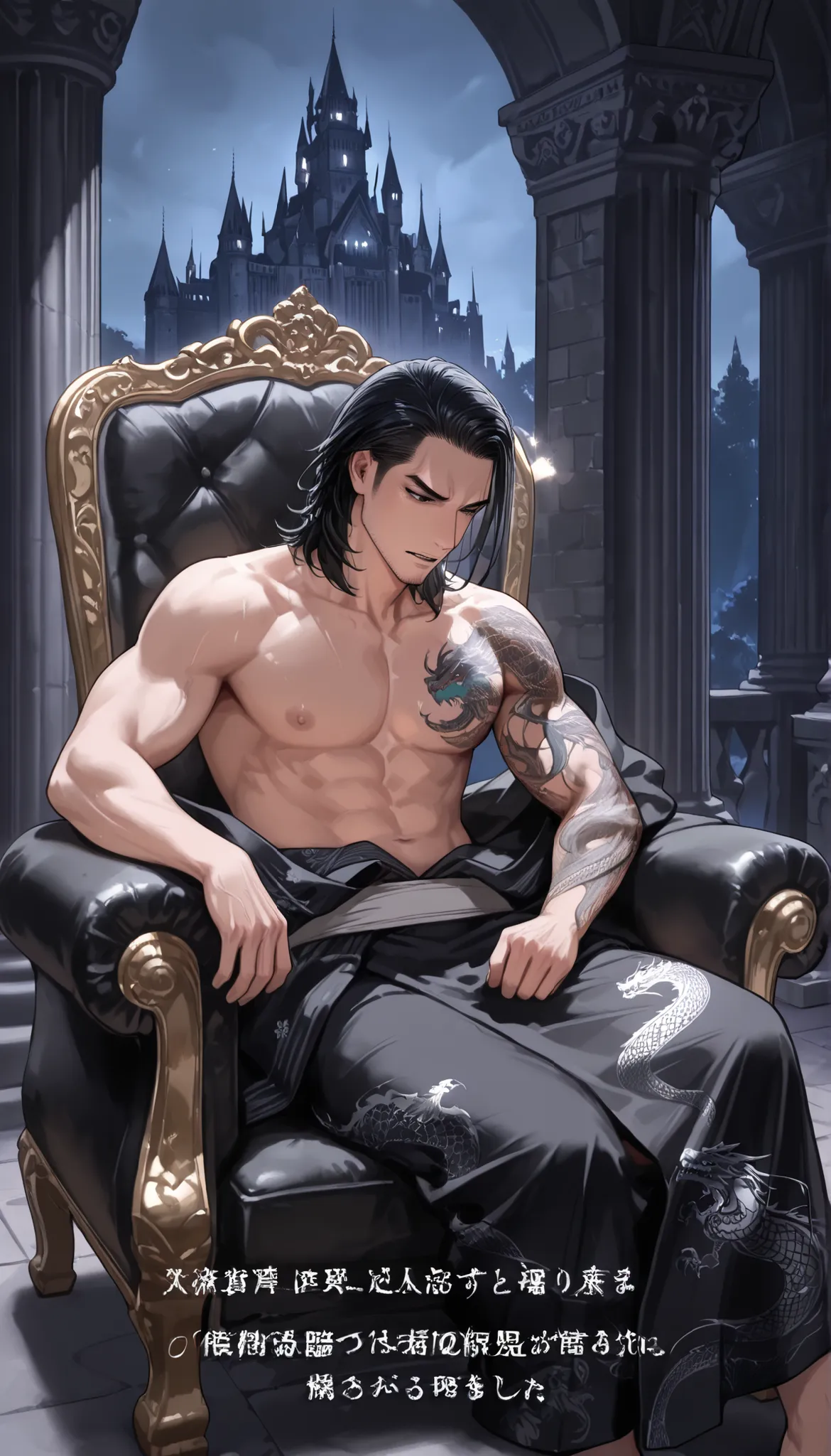 background, palace in a cave, yakuza boy, black kimono with dragon pattern, talking, black hair, medium hair, topless, chest, handsome, dragon tattoo, sitting on royal black chair, castle pillar, indoor, black castle,