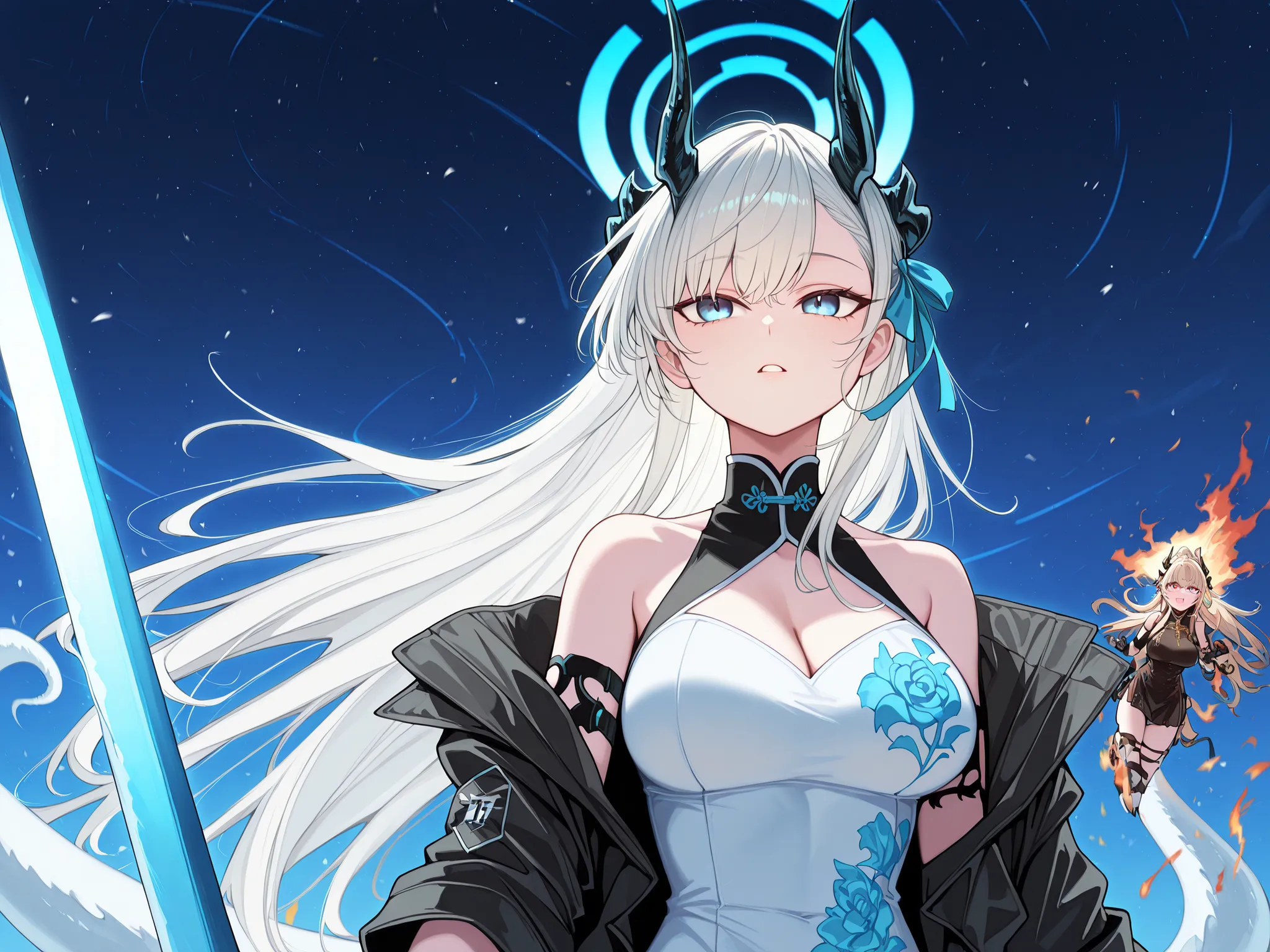 Sozinho, 1 menina, facing the viewer, cabelo branco neve, White hair, hairstyle of Asuna Ichinose of "Blue Archive", Asuna Ichinose's hair "Blue Archive", Halo of Asuna Ichinose of "Blue Archive" (na cor azul, Strong blue and flashy), character must have a...