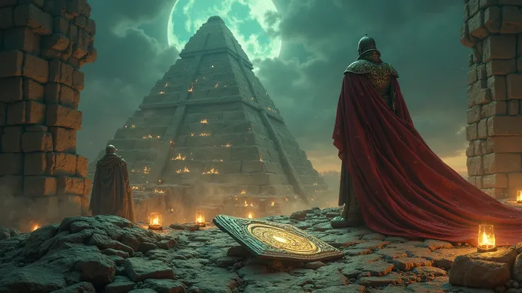 Prompt 5: "By afternoon, the summit of the ziggurat shimmers with drying tablets—each one a line of memory—laid like scales over the stone in delicate, glowing formation - A dramatic, cinematic medieval scene in 3D, inspired by epic fantasy films. Highly d...