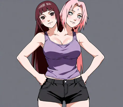 anime girl with two heads sharing one body, one head looking like hinata from the show naruto and the other head looks like sakura from the show naruto, purple tank top, black shorts, different personalities, different hair style, two heads sharing one body