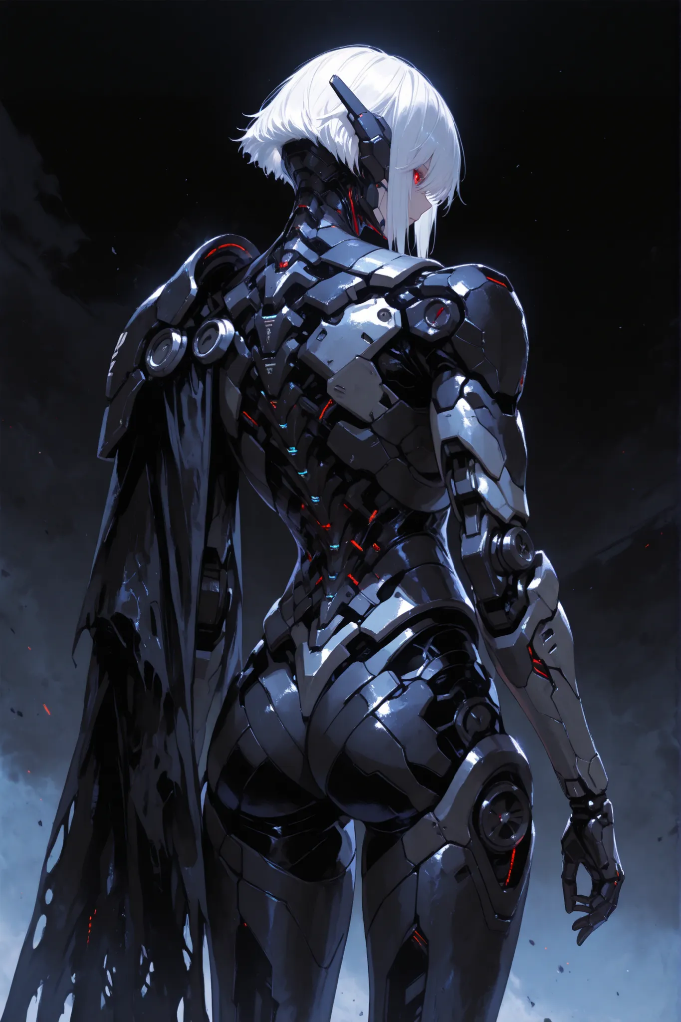masterpiece, (best quality), sci-fi machine, matte black carbon fiber texture, white hair, black carbon fiber simulated breast prosthesis assembled with mechanical structural modules, super evolutionary future technology, cyberpunk titan technology, ornate...