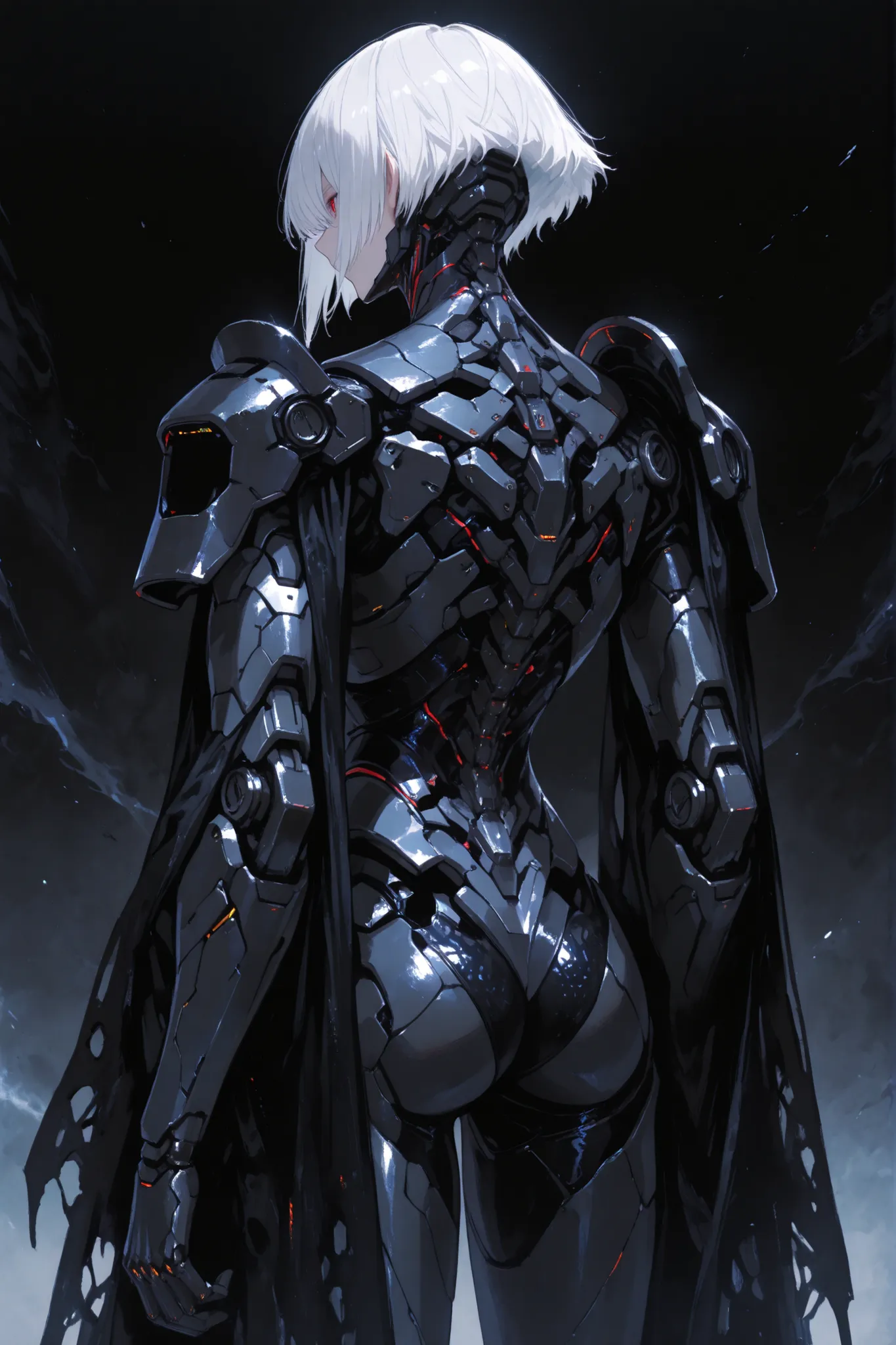 masterpiece, (best quality), sci-fi machine, matte black carbon fiber texture, white hair, black carbon fiber simulated breast prosthesis assembled with mechanical structural modules, super evolutionary future technology, cyberpunk titan technology, ornate...