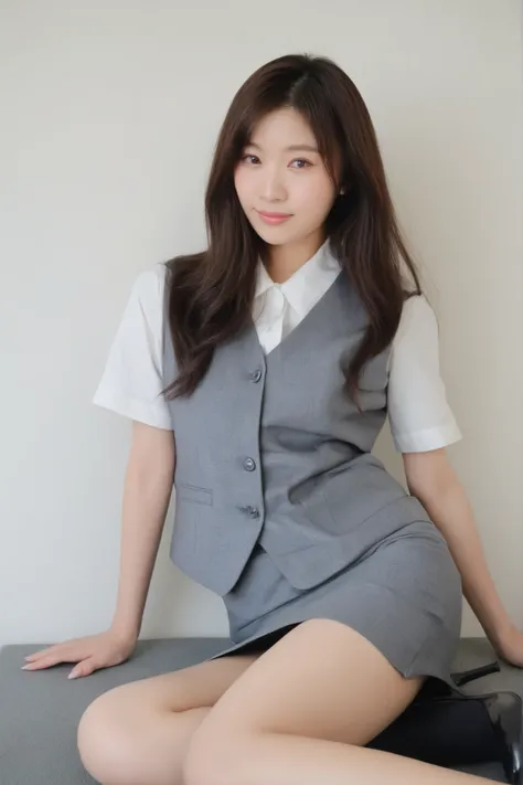 best quality、1 girl、Shinohara Ryoko,japanoff1celady, office lady、brown hair、Longer than shoulder、gray vest、navy blue pencil skirt、sitting、black high socks、black pumps、from below、 Ashikiri、embarrassing、puffy lips、masterpiece、Highest Quality、uncensored
