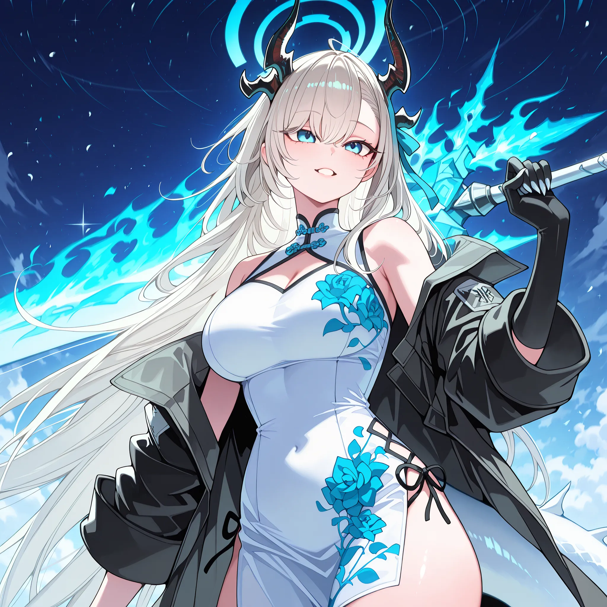 Sozinho, 1 menina, facing the viewer, cabelo branco neve, White hair, hairstyle of Asuna Ichinose of "Blue Archive", Asuna Ichinose's hair "Blue Archive", Halo of Asuna Ichinose of "Blue Archive" (na cor azul, Strong blue and flashy), character must have a...