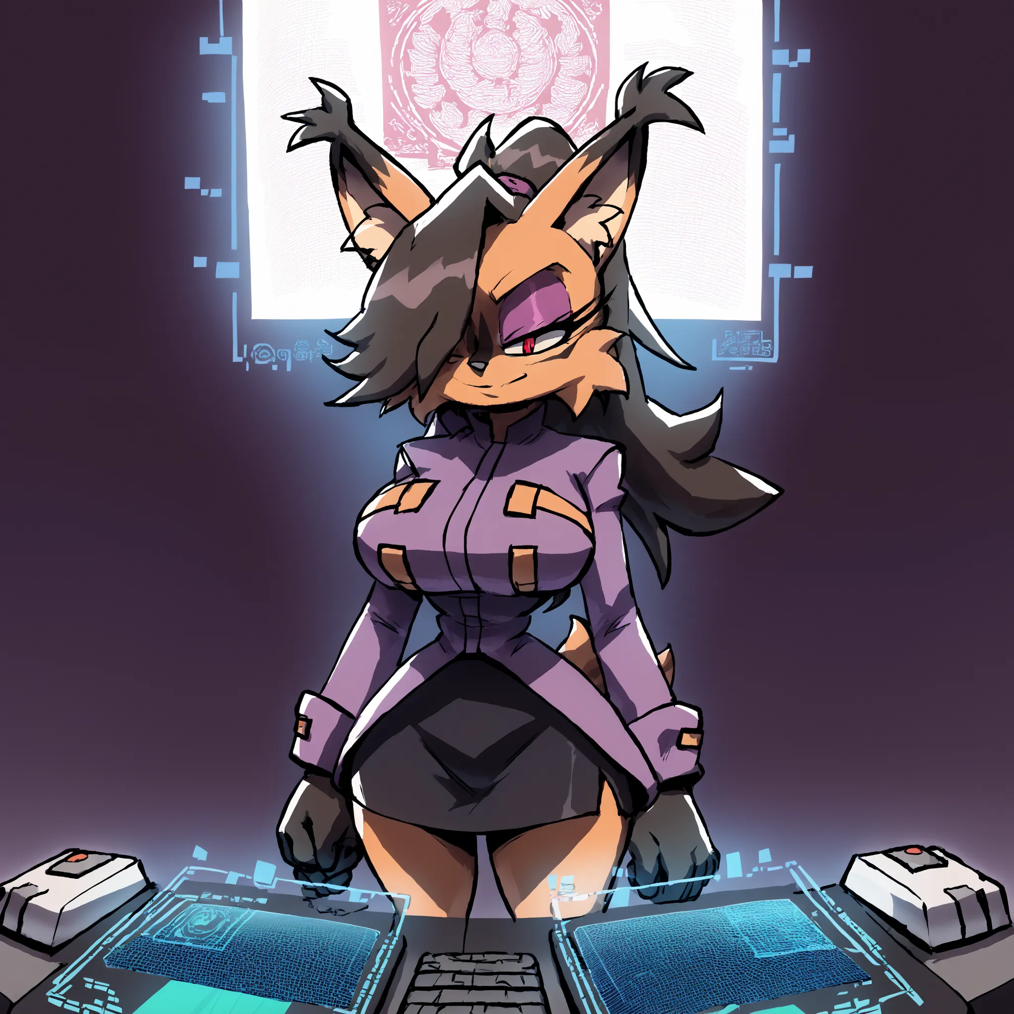 (Hair bangs over one eye), long black hair, (ponytail), (long hair), ((long ponytail)), wide ponytail, nicole the lynx, red eyes, iron Nicole, black hair, brown fur, wide hips, narrow waist, large breasts, (purple jacket), pencil skirt, Eggma’am cosplay, (...