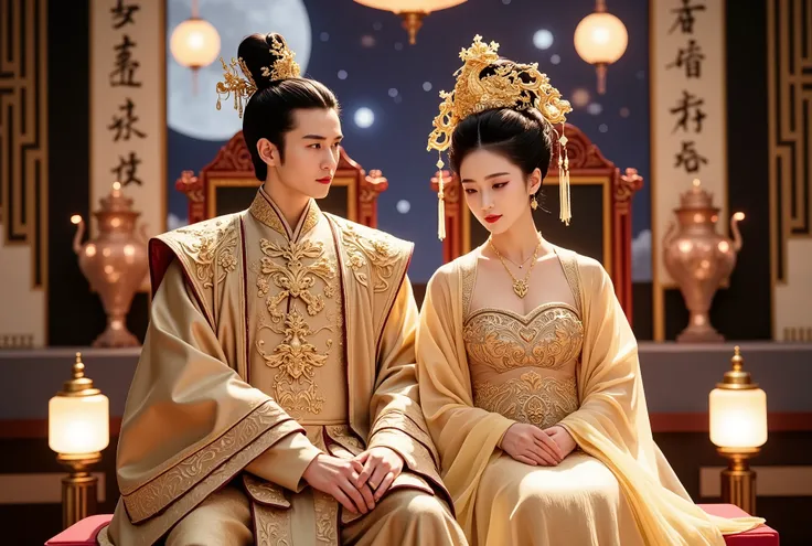 "A majestic male Chinese emperor and a beautiful female Chinese empress sitting together on a grand dual throne in a futuristic Forbidden City. The male emperor wears an ornate imperial dragon robe with glowing gold embroidery, a strong jawline, short blac...