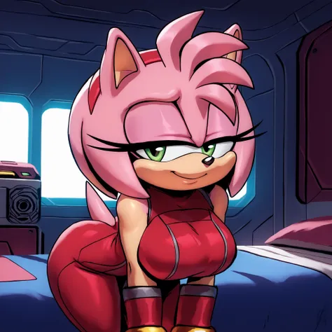(Hair bangs), long pink quills, (long hair), Amy Rose, green eyes, pink fur, black eyes, zero suit, ((rose red suit)), Mobian hedgehog, 1girl, (hedgehog), bigdad/character, (Mobian), female, young adult, large breasts, solo, smile, bending forward, looking...