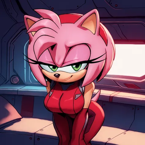 (Hair bangs), long pink quills, (long hair), Amy Rose, green eyes, pink fur, black eyes, zero suit, ((rose red suit)), Mobian hedgehog, 1girl, (hedgehog), bigdad/character, (Mobian), female, young adult, large breasts, solo, smile, bending forward, looking...