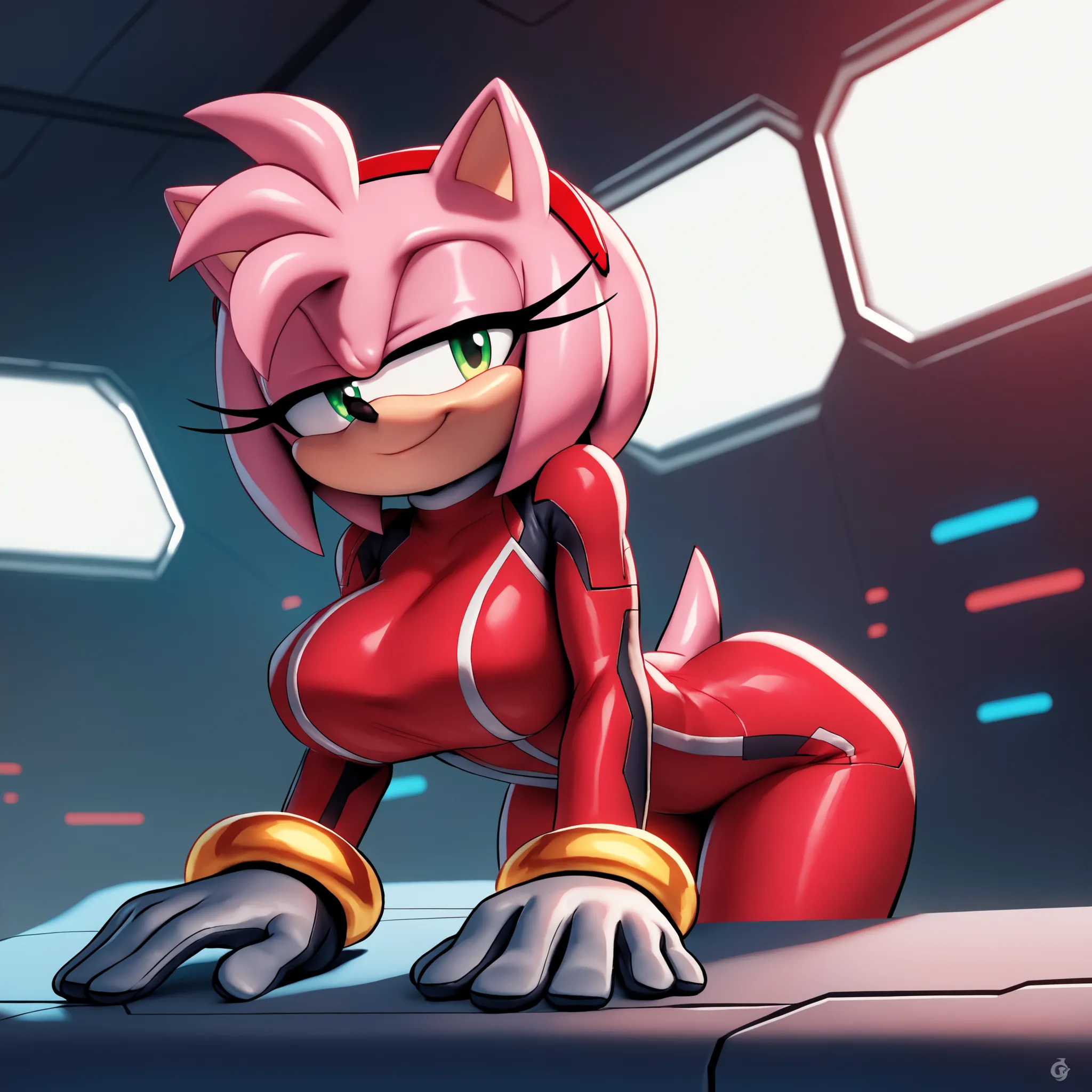 (Large Hair bangs), ((long quills)), ((long hair)), (long quills/hair), Amy Rose, green eyes, pink fur, zero suit, ((rose red suit)), Mobian hedgehog, 1girl, (hedgehog), bigdad/character, (Mobian), female, young adult, large breasts, solo, smile, bending f...