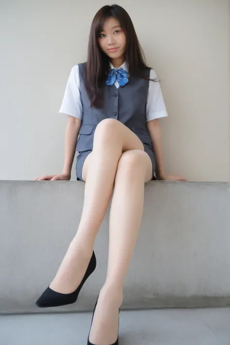 best quality、1 girl、japanoff1celady, office lady、brown hair、Longer than shoulder、gray vest、navy blue pencil skirt、sitting、high socks（Up to the level of the knee）、黒い透明なhigh socks、black pumps、from below、 Ashikiri、embarrassing、puffy lips、masterpiece、Highest Q...