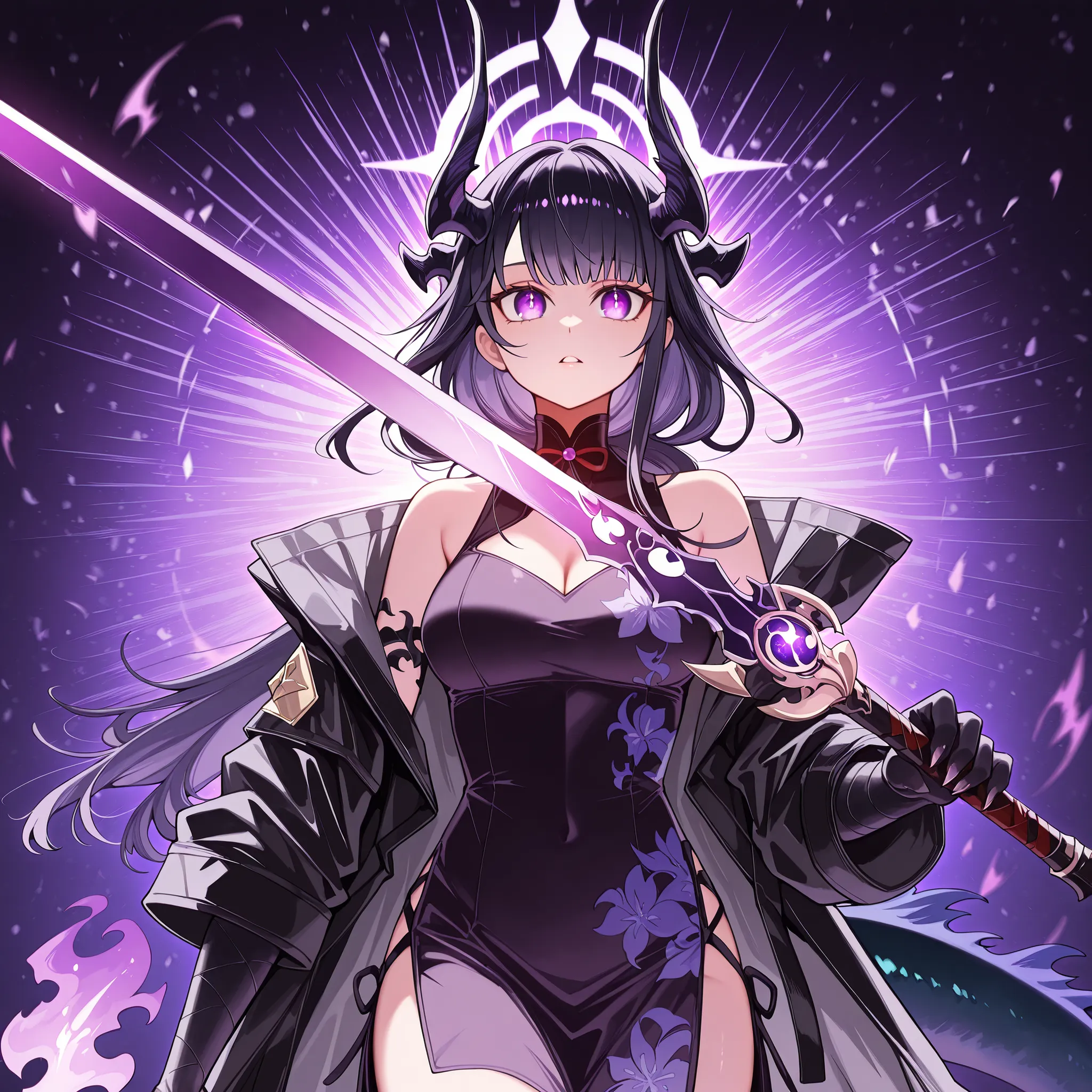 Sozinho, 1 menina, facing the viewer, cabelo roxo, Konno Yuuki hairstyle from "Sword Art Online", hair band must be in the color black, black hair band, Halo of Asuna Ichinose of "Blue Archive" (na cor roxa, strong and flashy purple), Raiden Shogun's face ...