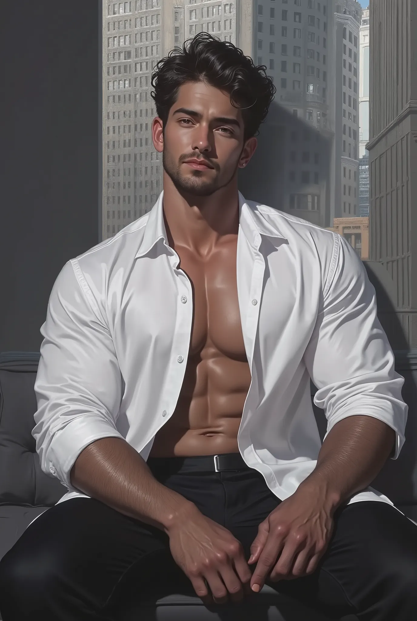 (photorealism:1.2), masculine and handsome man. setting on a sofa with an urban background like he is in a tall building. wearing a white shirt that is unbuttoned showing his broad chest and sixpack abs black and his gym body pants slightly tanned skin. je...