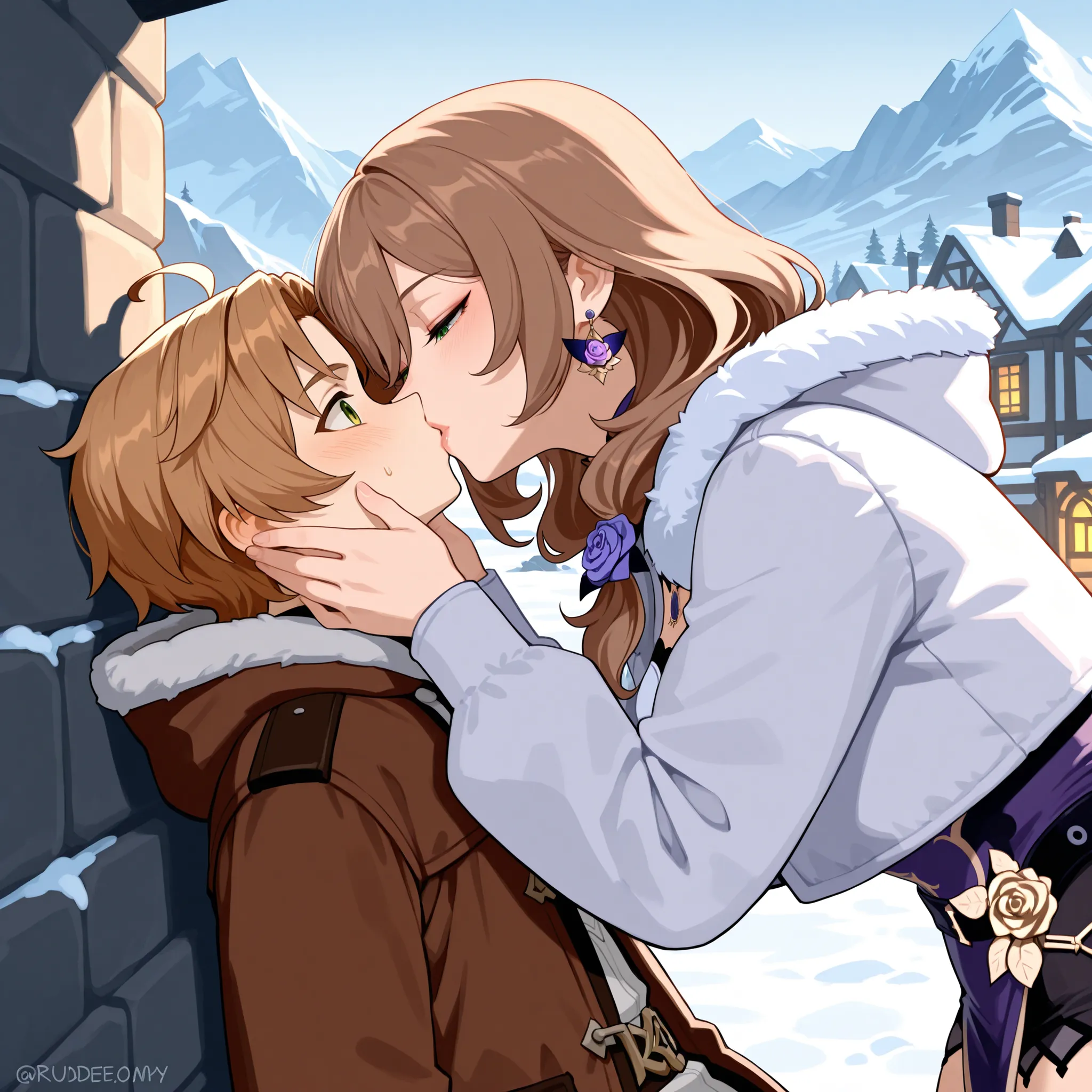 Love couple, older woman with younger man, Rudeus Greyrat and Lisa Genshin Impact, kissing each other, snowy medieval town and mountain, winter clothes, masterpiece, best quality, High resolution