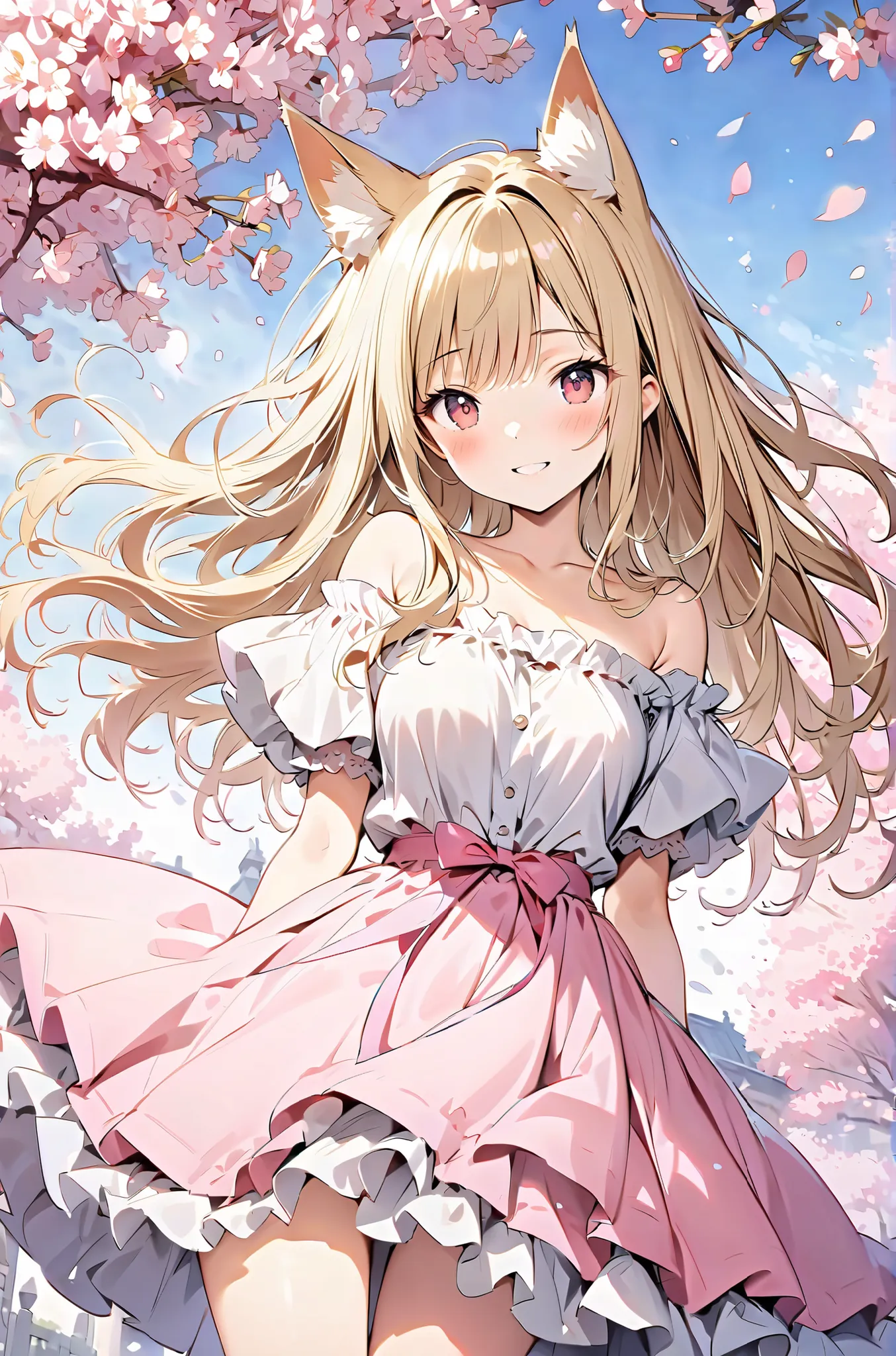 masterpiece、concept art、（very well detailed）、 (((masterpiece、Highest Quality、   、16k))) 、1 girl、amazing cherry blossom blizzard background、Multiple cherry trees、( fox ears、off-shoulder、platinum blonde、long hair、wave hair、Frilled skirt)、( やわらかなsmile )、   Sp...
