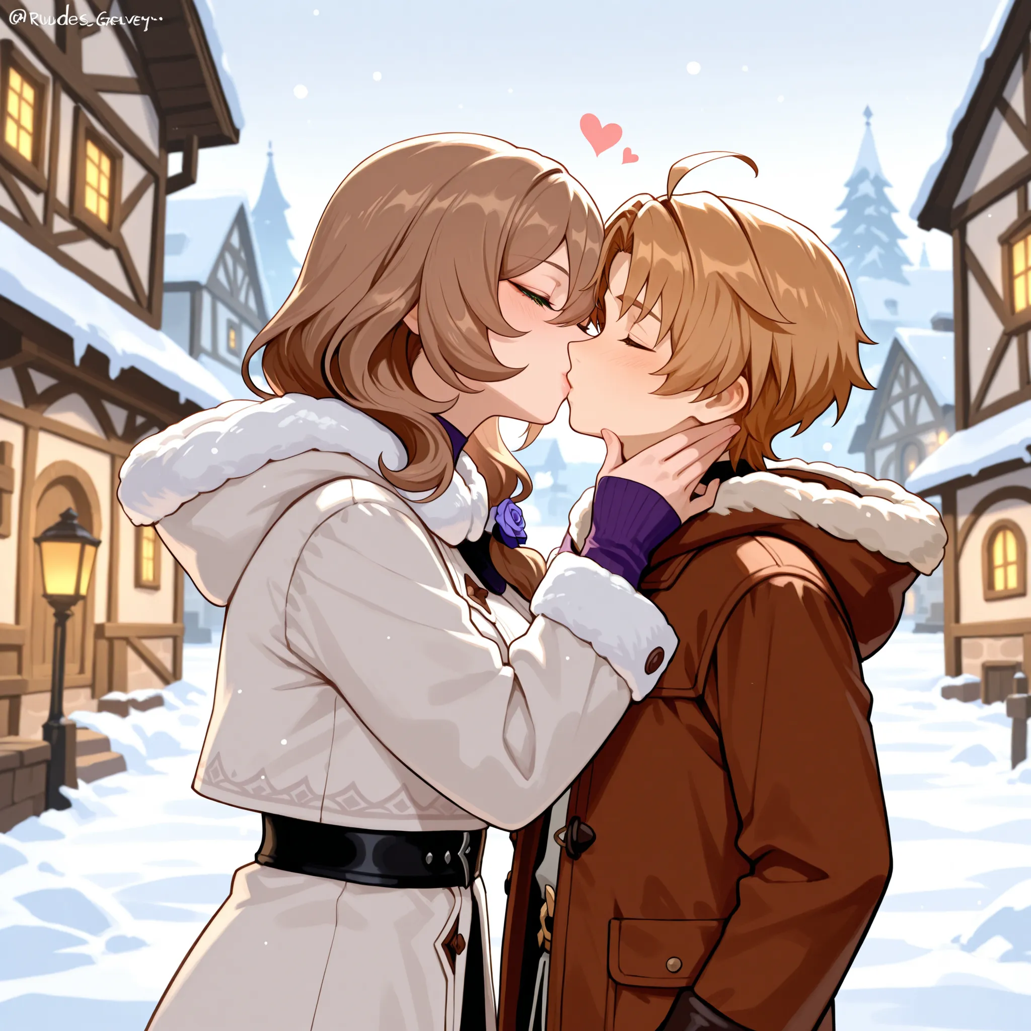 Love couple, older woman with younger man, Rudeus Greyrat and Lisa Genshin Impact, kissing each other, snowy medieval town, winter clothes, masterpiece, best quality, High resolution