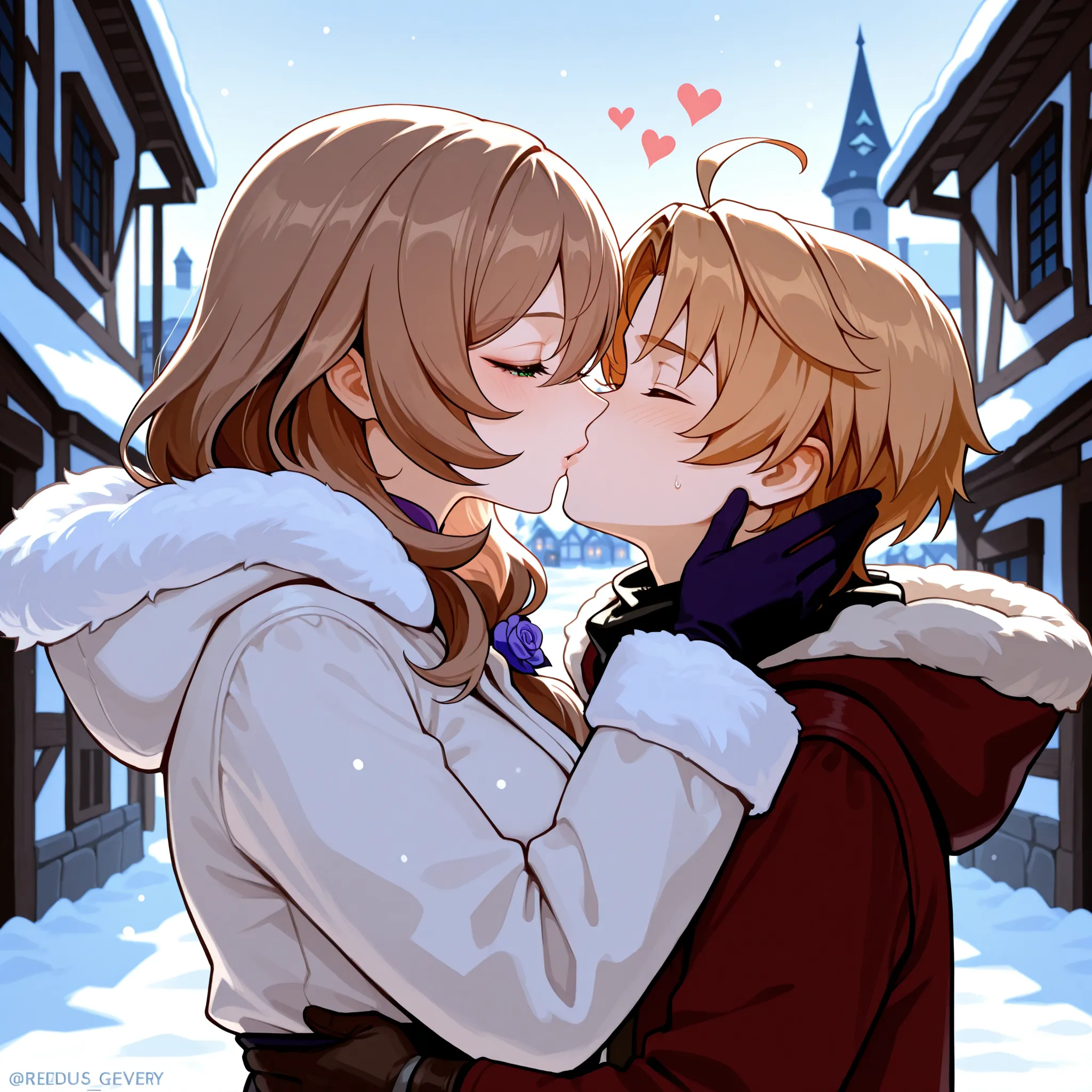 Love couple, older woman with younger man, Rudeus Greyrat and Lisa Genshin Impact, kissing each other, snowy medieval town, winter clothes, masterpiece, best quality, High resolution