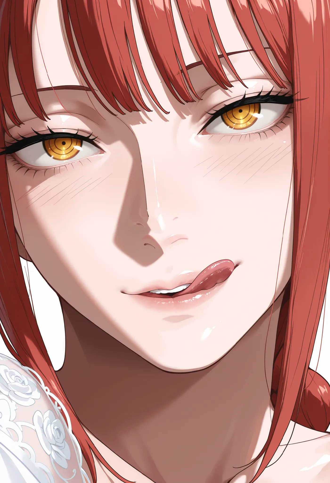 masterpiece, best quality, amazing quality, 1girl, (Makima, One Piece, Chainsaw man, yellow eyes, red hair), shy Face, close up shot, simple background, medium size , golden ratio face, sexy pose, Pinkish skin tone, smooth and soft skin, shiny skin, wearin...