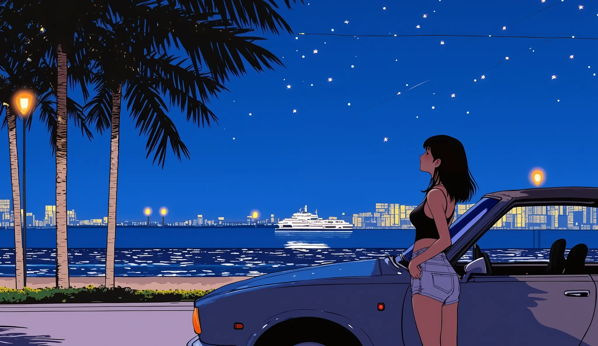 80's、A woman leaning on a car is staring at the ocean、 night view、Seaside Road、 large boat 、tree々、Street lamp、starry sky
