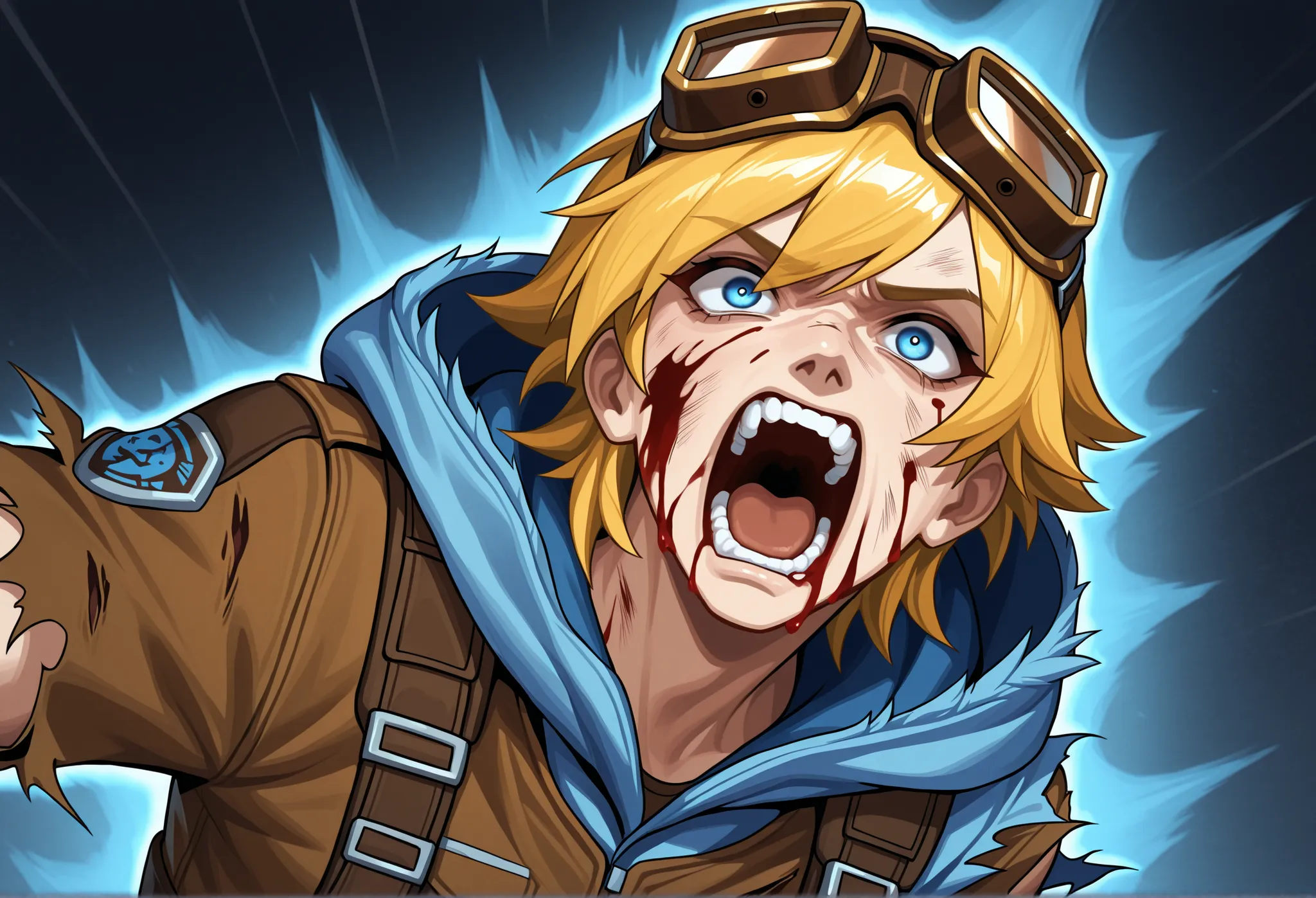 Ezreal, blood on face, torn clothes, brown pilot goggles on head, blue eyes, kaibanodef, open mouth, upper body, teeth, screaming, parody, hood with blue furr, blue triangle on cheekbone, tousled blonde hair