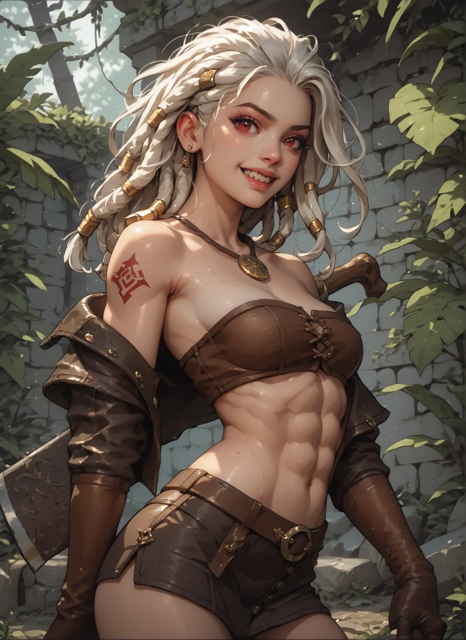 Slender body. White skin. Cute 18-year-old Asian girl with Asian red eyes and sharp teeth and dreadlocks with white highlights. She has a cute and beautiful face. She has a round and young face with a pointy chin. Her body is athletic with abs. She wears m...
