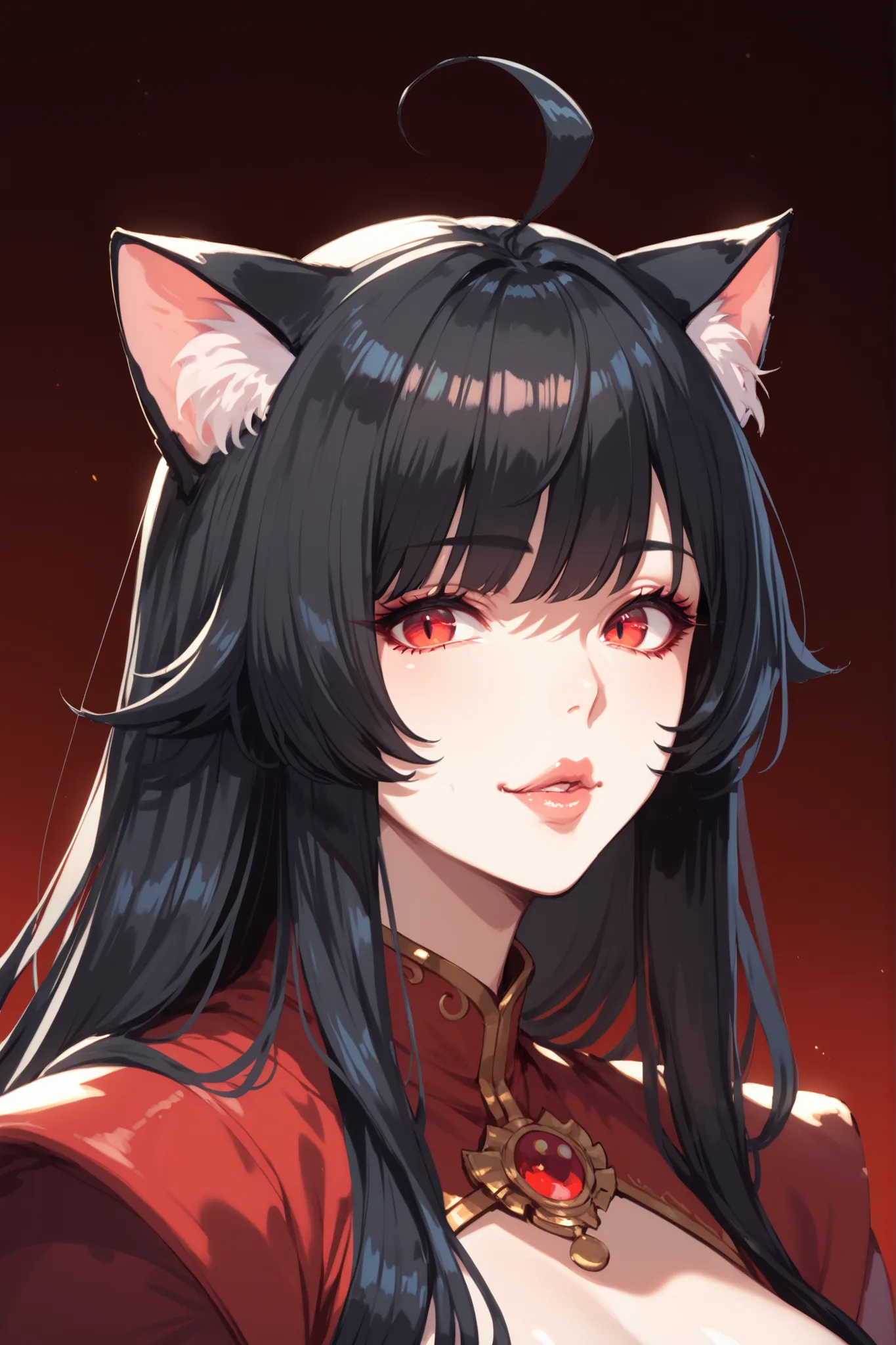 pair,One King's Man,One Queen's Woman ((cat girl, cat black ears)), (red eyes), (long hair), (( black hair, (Ahoge), straight bangs,)),
