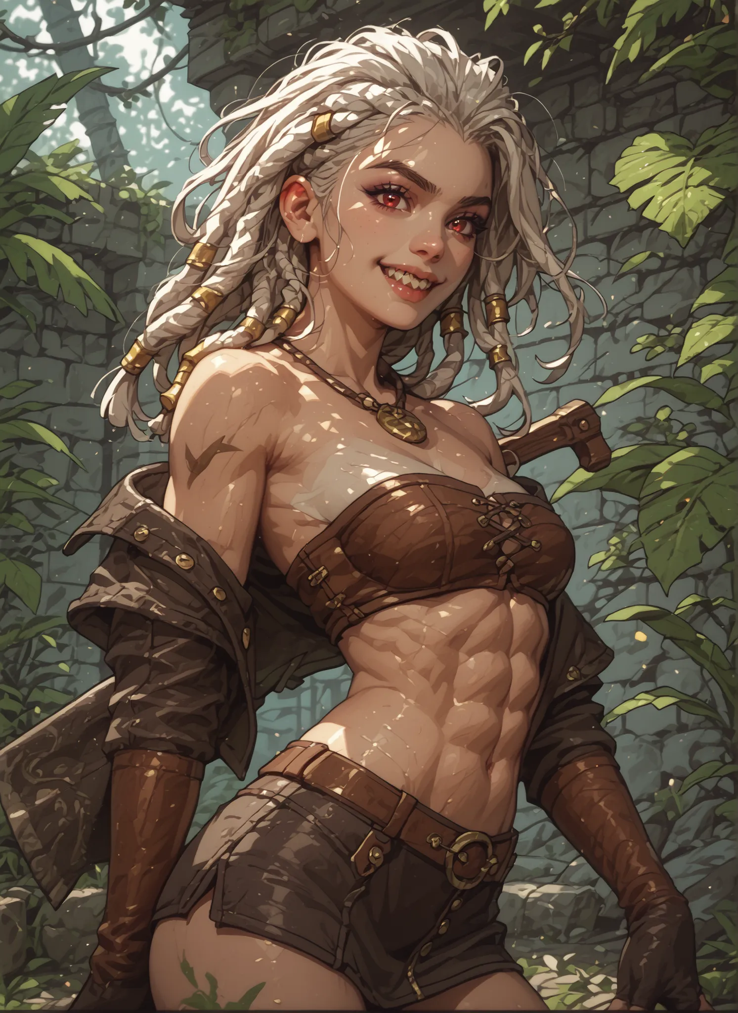 Slender body. White skin. Cute 18-year-old Asian girl with Asian red eyes and sharp teeth and dreadlocks with white highlights. She has a cute and beautiful face. She has a round and young face with a pointy chin. Her body is athletic with abs. She wears m...