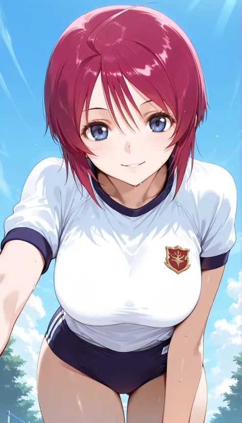 masterpiece, score_9, score_8_up, score_7_up, anime, pinup, Max Masterpiece, perfect eyes, perfect face, Best Quality, high resolution, lunamaria,1girl,solo,blue eyes,red hair,short hair,ahoge, large breasts, school gym clothes, buruma, (navy buruma:1.3), ...