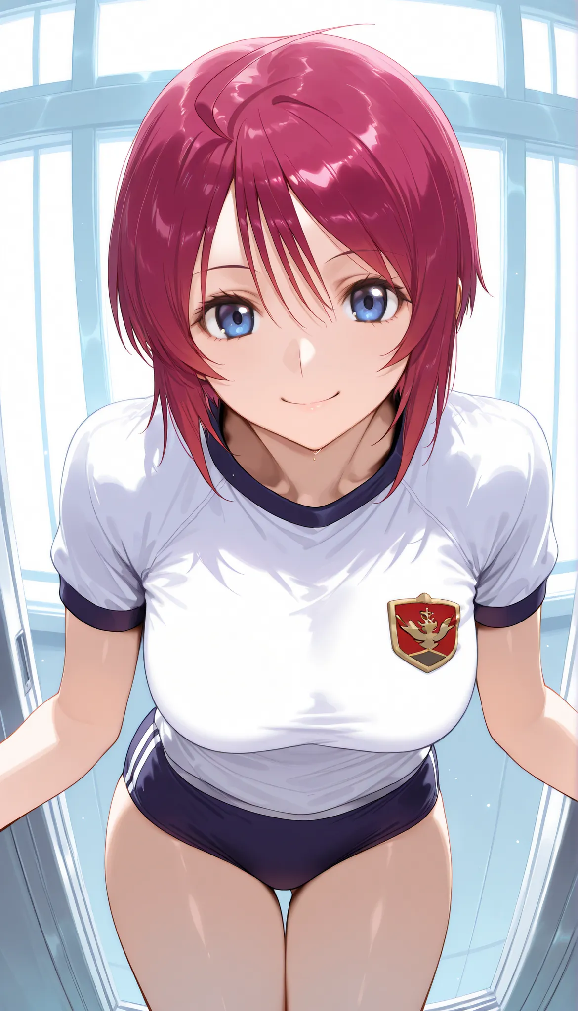 masterpiece, score_9, score_8_up, score_7_up, anime, pinup, Max Masterpiece, perfect eyes, perfect face, Best Quality, high resolution, lunamaria,1girl,solo,blue eyes,red hair,short hair,ahoge, large breasts, school gym clothes, buruma, (navy buruma:1.3), ...