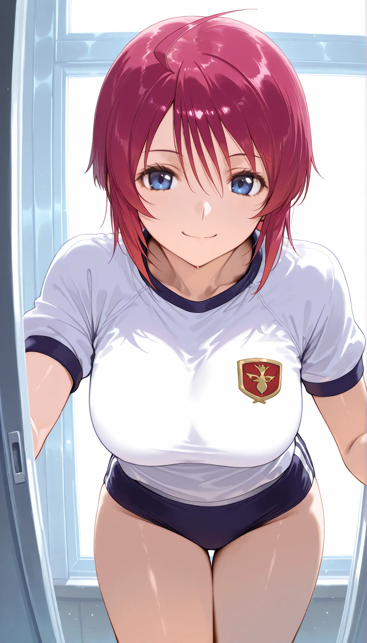 masterpiece, score_9, score_8_up, score_7_up, anime, pinup, Max Masterpiece, perfect eyes, perfect face, Best Quality, high resolution, lunamaria,1girl,solo,blue eyes,red hair,short hair,ahoge, large breasts, school gym clothes, buruma, (navy buruma:1.3), ...