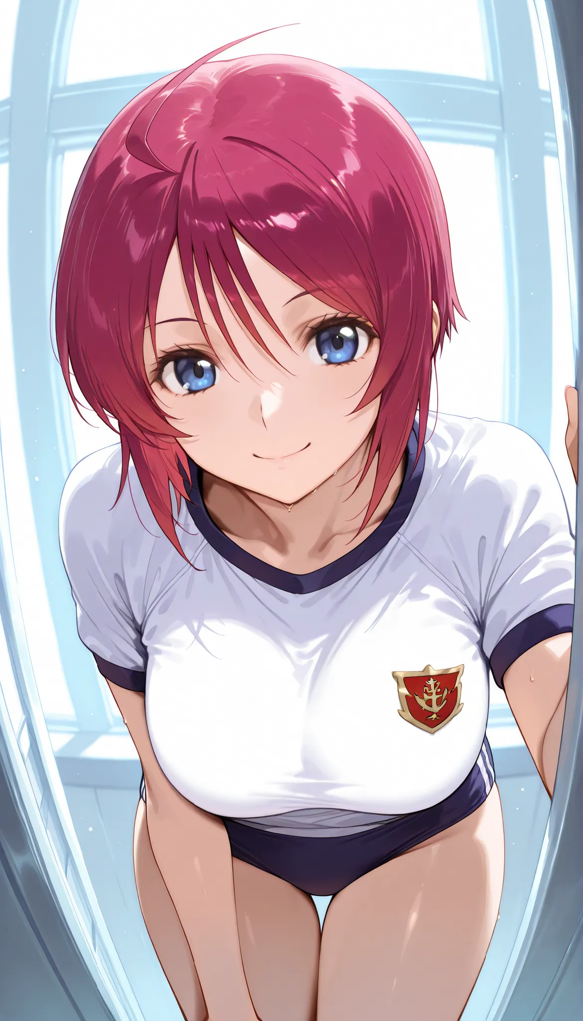 masterpiece, score_9, score_8_up, score_7_up, anime, pinup, Max Masterpiece, perfect eyes, perfect face, Best Quality, high resolution, lunamaria,1girl,solo,blue eyes,red hair,short hair,ahoge, large breasts, school gym clothes, buruma, (navy buruma:1.3), ...