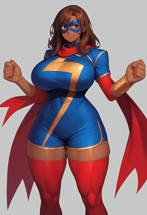  score_9,  score_8_arriba,   source  _animated,
1 girl, brown hair ,  long hair,  brown eyes,  dark skin, mask,
red scarf,  blue dress, red stockings, tight shorts
 tight hands , smile, huge breast, thick thighs, curvy  combat posture , Reach the spectator...