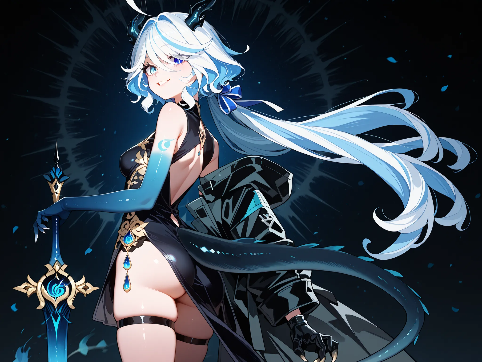 Solo, 1 girl, small and short body, small character, short character, short character, character 1.50 meters tall, small and short body, young character,  character;

the character's hairstyle must be the same as Furina from "genshin impact", long bangs, b...