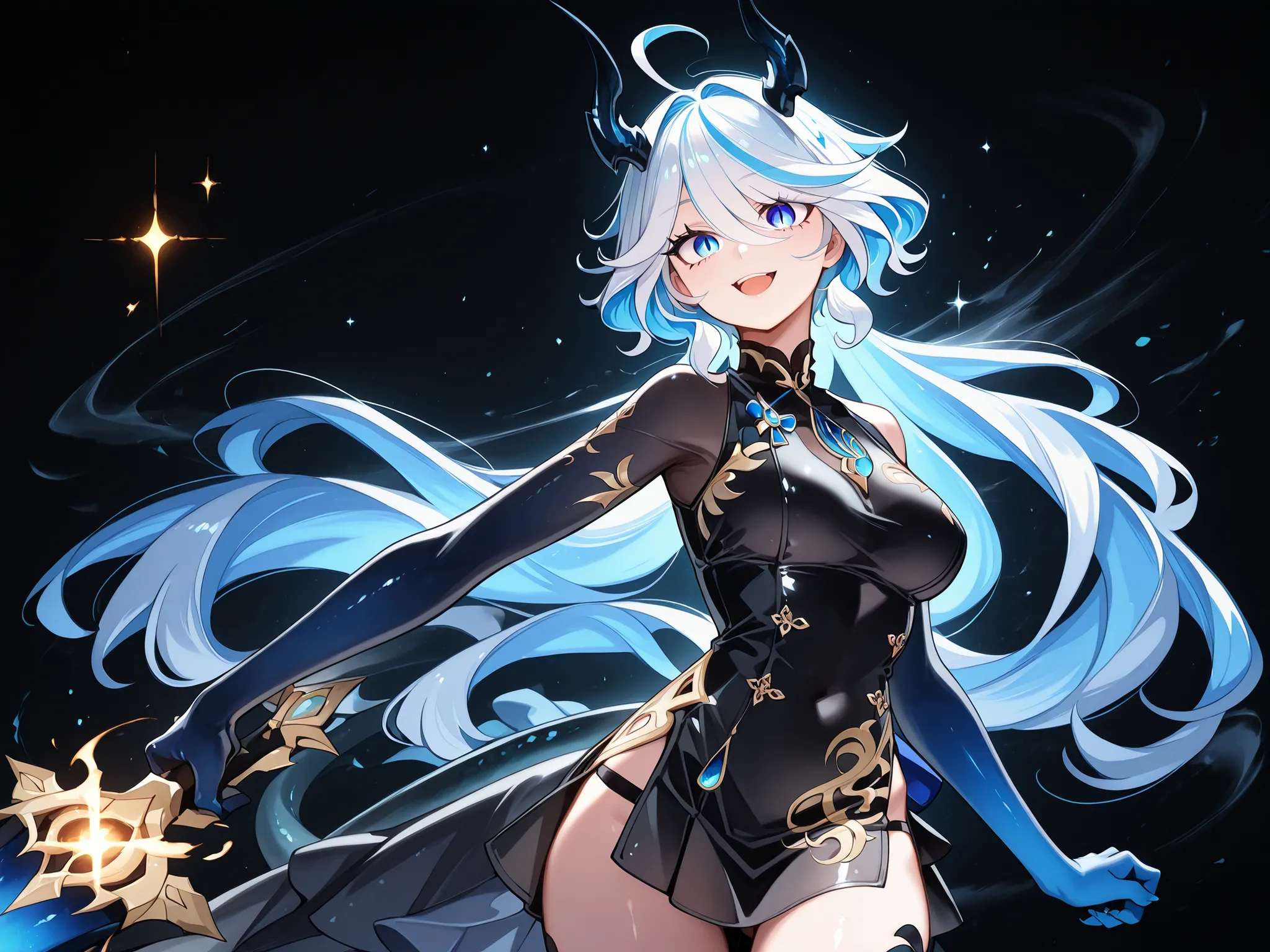Solo, 1 girl, small and short body, small character, short character, short character, character 1.50 meters tall, small and short body, young character,  character;

the character's hairstyle must be the same as Furina from "genshin impact", long bangs, b...
